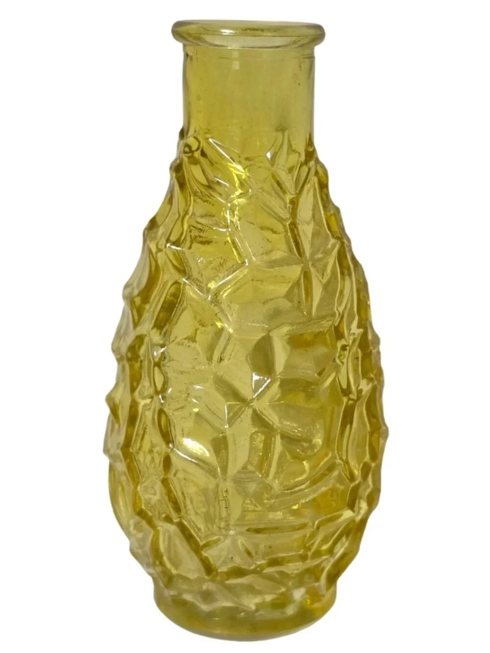 Vintage Amber Yellow Pressed Glass Decanter Bud Vase Diamond Starburst 5.5